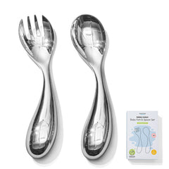 KINGSTONE Toddler Utensils Set, 18/10 Stainless Steel Kids Silverware Set with Curved Handle, All-Metal Baby Fork and Spoon, Safe Children's Flatware, Dishwasher Safe, Mirror Polished (2-Piece)