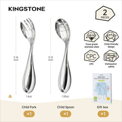 KINGSTONE Toddler Utensils Set, 18/10 Stainless Steel Kids Silverware Set with Curved Handle, All-Metal Baby Fork and Spoon, Safe Children's Flatware, Dishwasher Safe, Mirror Polished (2-Piece)