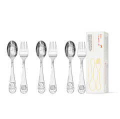 KINGSTONE Toddler Utensils Gift Set, Forks & Spoons, Small & Large, 18/10 Stainless Steel, Ergonomic Flatware for Toddlers & Kids, Self-Feeding, Honey Bear Print