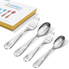 KINGSTONE Toddler Utensils Gift Set, Forks & Spoons, Small & Large, 18/10 Stainless Steel, Ergonomic Flatware for Toddlers & Kids, Self-Feeding, Honey Bear Print