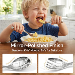KINGSTONE Toddler Utensils Set, 18/10 Stainless Steel Kids Silverware Set with Curved Handle, All-Metal Baby Fork and Spoon, Safe Children's Flatware, Dishwasher Safe, Mirror Polished (2-Piece)