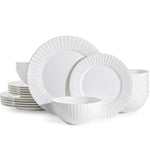 KINGSTONE Bone China Dinnerware Set, 12-Piece White Lightweight Porcelain for 4, Plates and Bowls with Rhombus patterned edge design, Microwave and Dishwasher Safe, for Family, Restaurant, Gifting