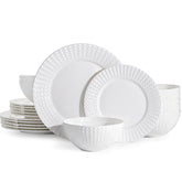 KINGSTONE Bone China Dinnerware Set, 12-Piece White Lightweight Porcelain for 4, Plates and Bowls with Rhombus patterned edge design, Microwave and Dishwasher Safe, for Family, Restaurant, Gifting
