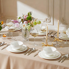 KINGSTONE Bone China Dinnerware Set, White Lightweight Porcelain, Plates and Bowls with Rhombus patterned edge design, Microwave and Dishwasher Safe, for Family, Restaurant, Gifting