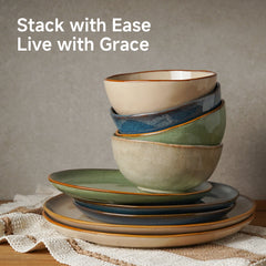 KINGSTONE Stoneware Plate Sets, Reactive Glaze Porcelain Plates with Muted Earth Tones, Rustic Ceramic Dish Set for Home Kitchen, Vintage Farmhouse Dinnerware, Microwave & Dishwasher Safe, 10.75 Inch