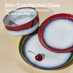 KINGSTONE Stoneware Dinnerware Sets, Reactive Glaze Plates and Bowls Sets, Scratch-Resistant Rustic Ceramic Dish Set for Home Kitchen, Microwave and Dishwasher Safe