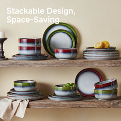 KINGSTONE Stoneware Dinnerware Sets, Reactive Glaze Plates and Bowls Sets, Scratch-Resistant Rustic Ceramic Dish Set for Home Kitchen, Microwave and Dishwasher Safe