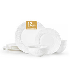 KINGSTONE Bone China Dinnerware Set, White Porcelain Tableware, Hammered Rim Plates and Bowls, Microwave and Dishwasher Safe, Elegant Dish Set for Wedding, Family & Restaurant