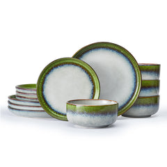 KINGSTONE Stoneware Dinnerware Sets, Reactive Glaze Plates and Bowls Sets, Scratch-Resistant Rustic Ceramic Dish Set for Home Kitchen, Microwave and Dishwasher Safe