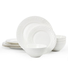 KINGSTONE Bone China Dinnerware Set, 12-Piece Dishes Set for 4, Vintage Relief Ceramic Plates & Bowls, Lightweight Translucent Dishware for Home Dining, Festival Banquet, Party & Gift