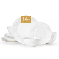 KINGSTONE Bone China Dinnerware Set, White Porcelain Tableware, Hammered Rim Plates and Bowls, Microwave and Dishwasher Safe, Elegant Dish Set for Wedding, Family & Restaurant