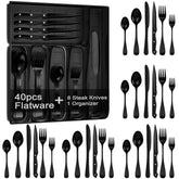 KINGSTONE 49-Piece Black Silverware Set for 8, 304 Stainless Steel Flatware with Organizer and Steak Knives, Dishwasher Safe