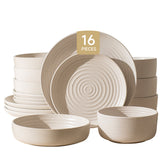 KINGSTONE 16-Piece Stoneware Plates and Bowls Sets for 4, Dinnerware Set for New Apartment Essentials, Microwave & Dishwasher Safe, Speckled White