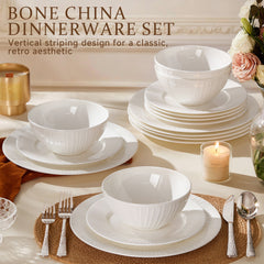 KINGSTONE Bone China Dinnerware Set, White Lightweight Porcelain with Textured Design Service, Plates, Bowls, for Family Dining, Restaurants, Gifting, Microwave and Dishwasher Safe