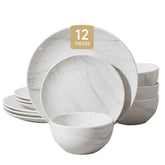 KINGSTONE 12-Piece Stoneware Dinnerware Set for 4, Scratch-Resistant Ceramic Plates and Bowls Dishes for Home, Kitchen, Microwave & Dishwasher Safe, Marble White