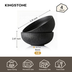 KINGSTONE Black Bowls Set, 20.4 OZ Matte Marble Pattern Premium Porcelain Soup Bowls, Ceramic Cereal Bowl Set for Salad, Dessert, Pasta, Microwave and Dishwasher Safe
