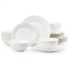 KINGSTONE Bone China Dinnerware Set, 12-Piece Dishes Set for 4, Vintage Relief Ceramic Plates & Bowls, Lightweight Translucent Dishware for Home Dining, Festival Banquet, Party & Gift
