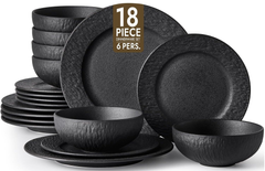 KINGSTONE Black Dinnerware Sets, 12-Piece Matte Marble Pattern Premium Porcelain, Place Setting with Dinner Plate, Salad Plate, Pasta Bowl, Microwave and Dishwasher Safe