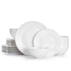 KINGSTONE Bone China Dinnerware Set, White Lightweight Porcelain with Textured Design Service, Plates, Bowls, for Family Dining, Restaurants, Gifting, Microwave and Dishwasher Safe
