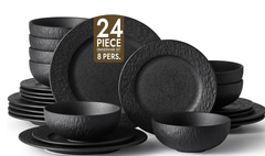 KINGSTONE Black Dinnerware Sets, 12-Piece Matte Marble Pattern Premium Porcelain, Place Setting with Dinner Plate, Salad Plate, Pasta Bowl, Microwave and Dishwasher Safe