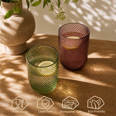 KINGSTONE 6-Pack Ribbed Glass Tumblers, Lead-Free Drinking Glasses Set for Kitchen & Bar, 12 Oz Elegant Spiral Design