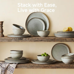 KINGSTONE Stoneware Dinnerware Sets, Reactive Glaze Porcelain Plates and Bowls Sets, Handcrafted Rustic Ceramic Dishes Set, Highly Scratch Resistant, Dishwasher & Microwave Safe