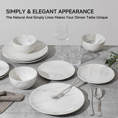 KINGSTONE 12-Piece Stoneware Dinnerware Set for 4, Scratch-Resistant Ceramic Plates and Bowls Dishes for Home, Kitchen, Microwave & Dishwasher Safe, Marble White
