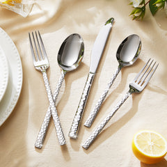 KINGSTONE Hammered Silverware Set, 18/10 Stainless Steel Flatware Set, Cutlery Set for Home, Party, Wedding, Mirror Polished Dishwasher Safe