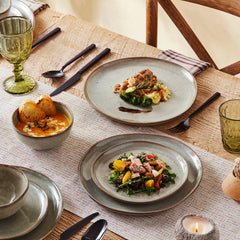 KINGSTONE Stoneware Dinnerware Sets, Reactive Glaze Porcelain Plates and Bowls Sets, Handcrafted Rustic Ceramic Dishes Set, Highly Scratch Resistant, Dishwasher & Microwave Safe