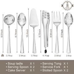KINGSTONE Serving Utensils Set, 18/10 Stainless Steel Serving Utensils, Slotted Spoon, Fork, Tong, Soup Ladle, Cake Server, Butter Knife and Ice Tong for Buffet, Parties, Kitchen,Entertaining