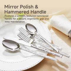 KINGSTONE 18/10 Stainless Steel Silverware Set with Serving Utensils for 8, Cutlery Set with Hammered Pattern for Kitchen, Home, Restaurant, Mirror Polished & Dishwasher Safe
