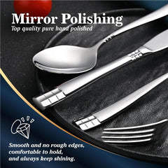 KINGSTONE Flatware Set, 20-Piece Luxury Silverware Set for 4, 18/10 Stainless Steel Cutlery Utensils Sets with European Design, Pure Hand Mirror Polished, Perfect for Family & Parties, Dishwasher Safe