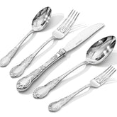 KINGSTONE Vintage Carved Silverware Set, 5-Piece 18/10 Stainless Steel Flatware