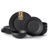 KINGSTONE Black Dinnerware Sets, 12-Piece Matte Marble Pattern Premium Porcelain, Place Setting with Dinner Plate, Salad Plate, Pasta Bowl, Microwave and Dishwasher Safe