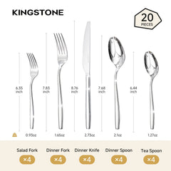 KINGSTONE Silverware , 18/10 Stainless Steel Flatware Set, Cutlery Utensil Set, Mirror Polished, Dishwasher Safe, Silver
