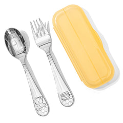 KINGSTONE Toddler Utensils Gift Set, Forks & Spoons, Small & Large, 18/10 Stainless Steel, Ergonomic Flatware for Toddlers & Kids, Self-Feeding, Honey Bear Print