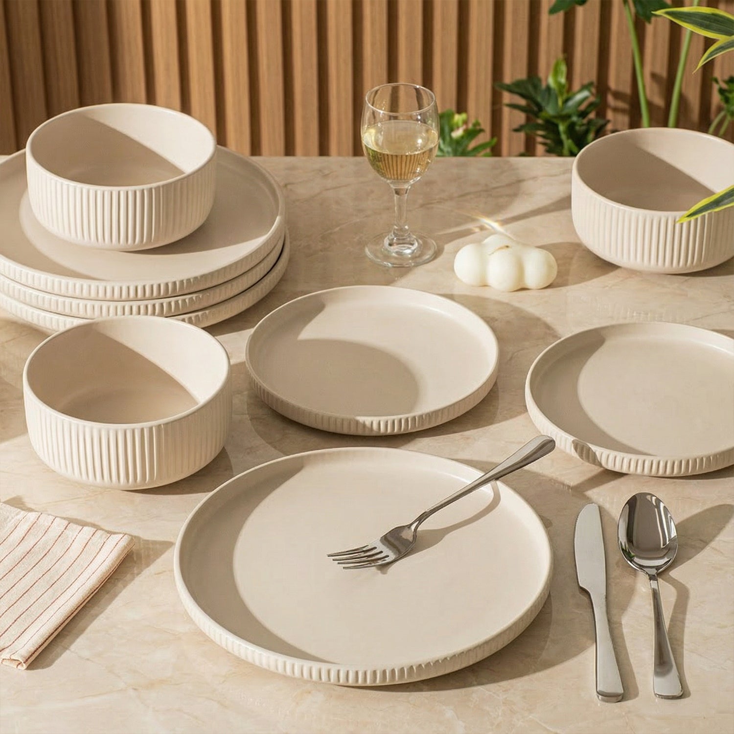 KINGSTONE 12-Piece Ceramic Dinnerware Set for 4, Beige Ribbed Plates and Bowls Sets, Microwave & Dishwasher Safe