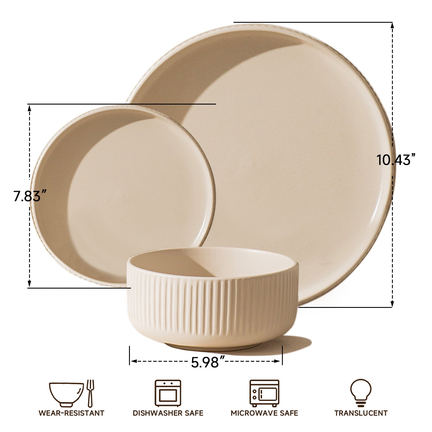 KINGSTONE 12-Piece Ceramic Dinnerware Set for 4, Beige Ribbed Plates and Bowls Sets, Microwave & Dishwasher Safe
