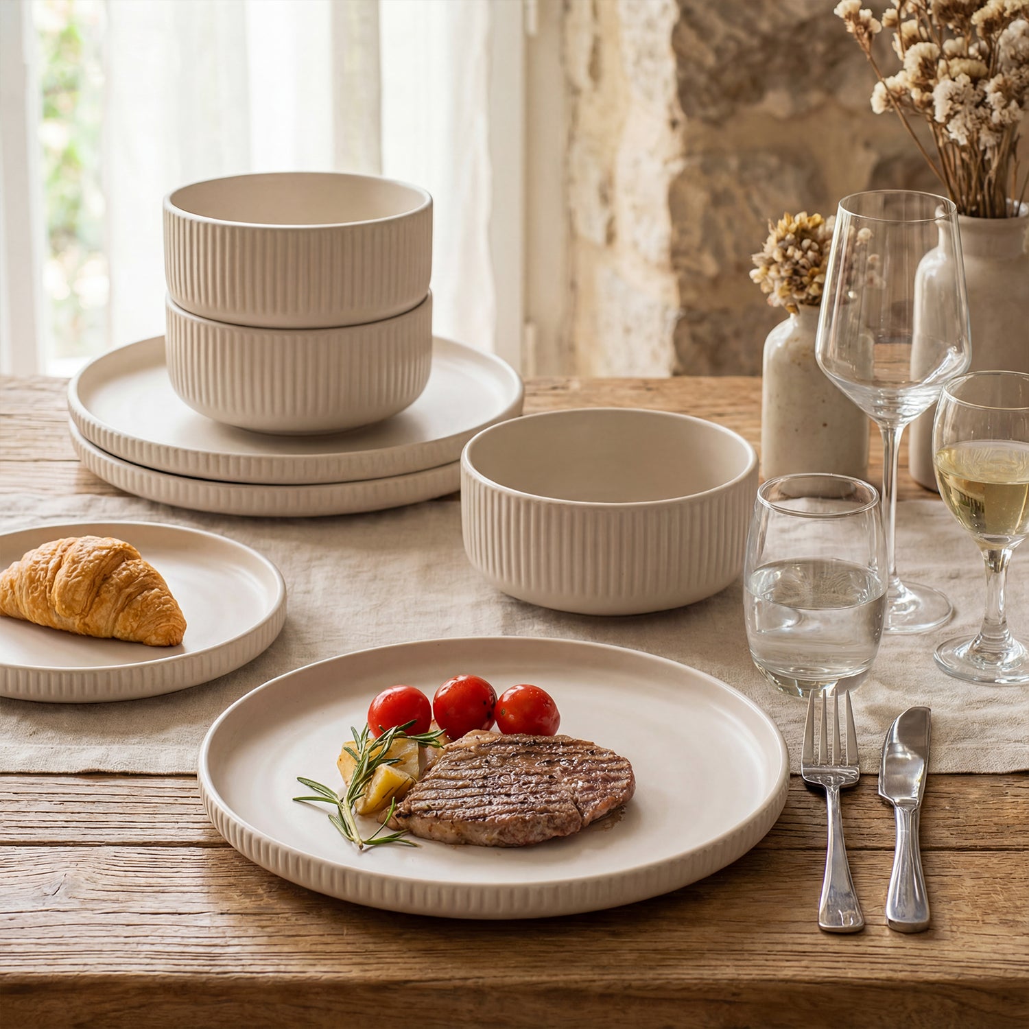KINGSTONE 12-Piece Ceramic Dinnerware Set for 4, Beige Ribbed Plates and Bowls Sets, Microwave & Dishwasher Safe