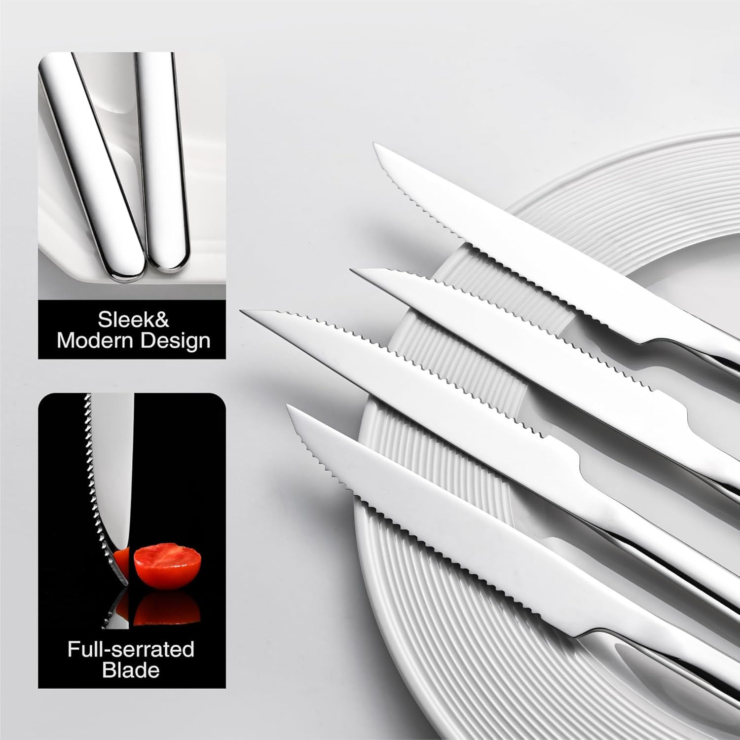 KINGSTONE Sharp Steak Knives, German Stainless Steel Steak Knife Set with Full-Serrated Blade, 9.4-Inch Sleek Design Table Knives, Mirror Polished