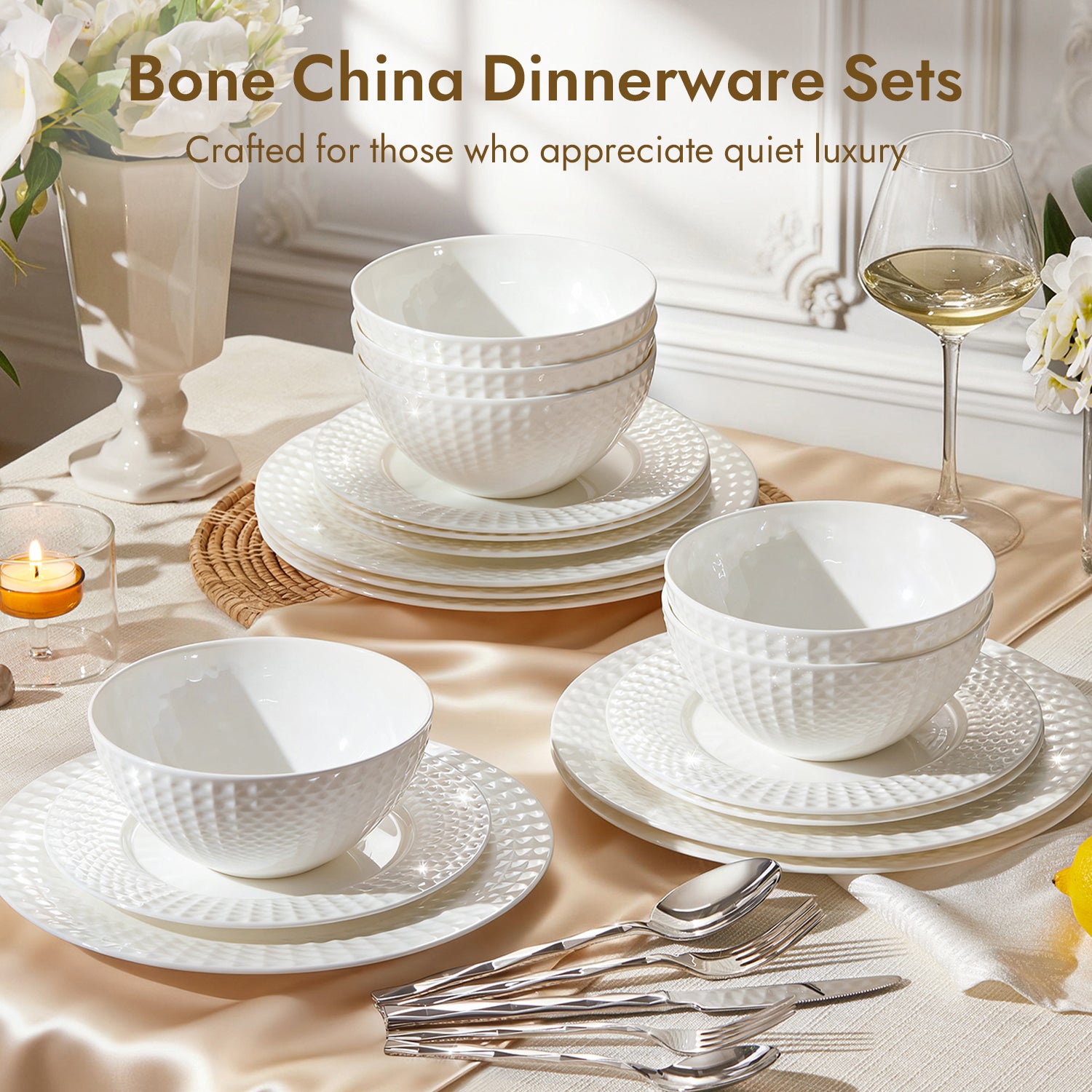 KINGSTONE Bone China Dinnerware Set, White Lightweight Porcelain, Plates and Bowls with Rhombus patterned edge design, Microwave and Dishwasher Safe, for Family, Restaurant, Gifting