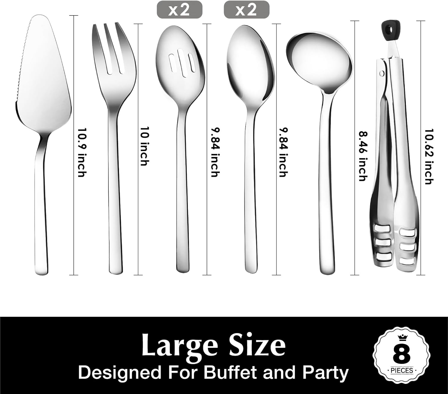 KINGSTONE Large Hostess Serving Utensils Set,18/10 Stainless Steel Heavy Duty 10inch Serving Spoons,Slotted Spoons,Serving Fork,Serving Tongs, Cake Pie Server For Buffet, Wedding, Party