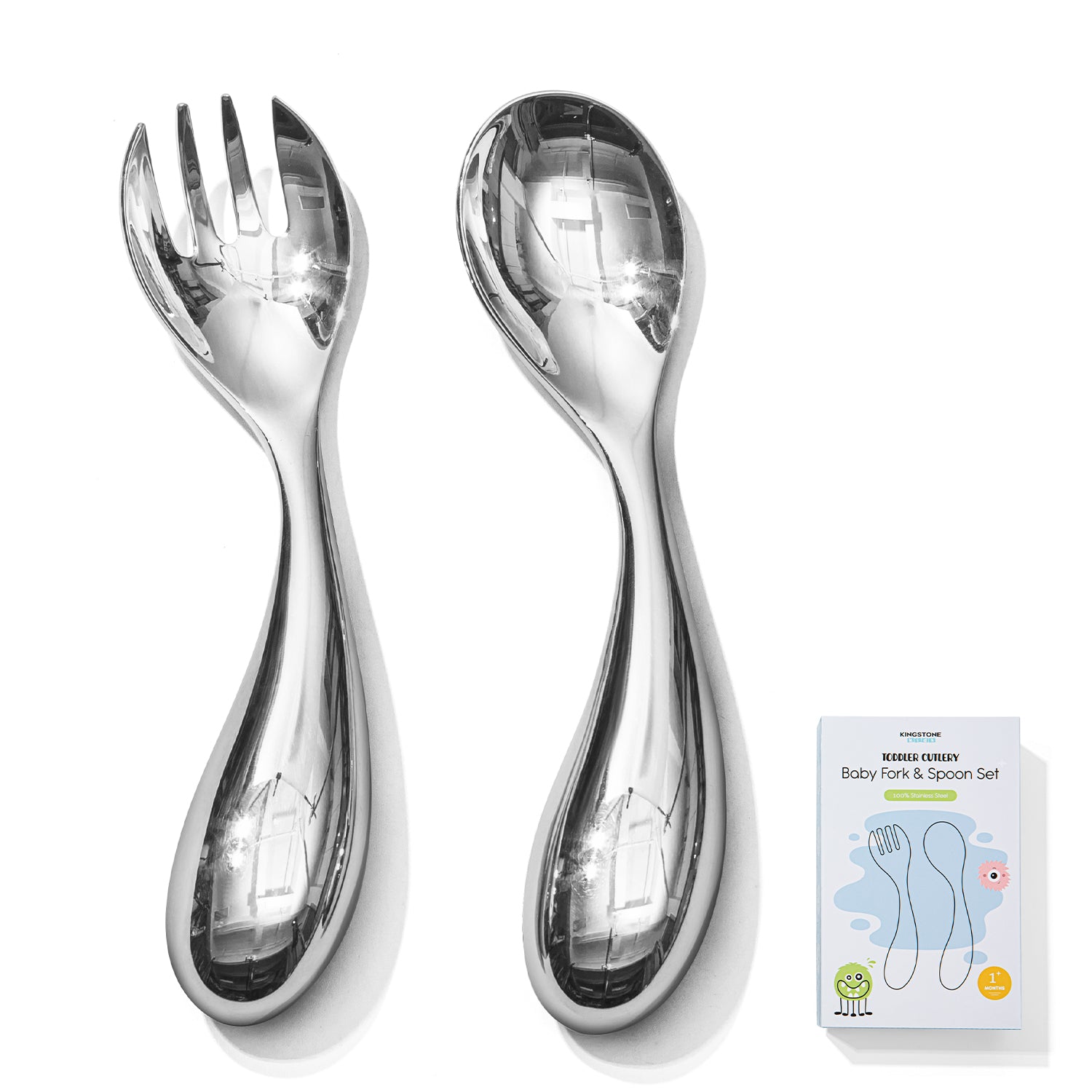 KINGSTONE Toddler Utensils Set, 18/10 Stainless Steel Kids Silverware Set with Curved Handle, All-Metal Baby Fork and Spoon, Safe Children's Flatware, Dishwasher Safe, Mirror Polished (2-Piece)
