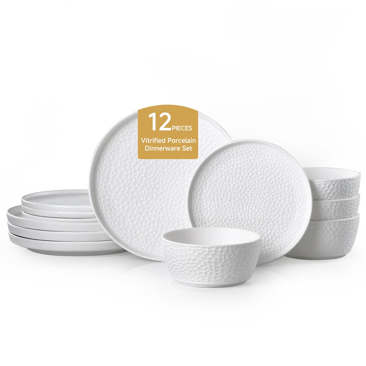 KINGSTONE Ceramic Dinnerware Set, Porcelain Plates and Bowls Set , Matte Black or White, Hammered Texture, Microwave, Dishwasher & Oven Safe, Perfect for Home, Weddings & Gifts
