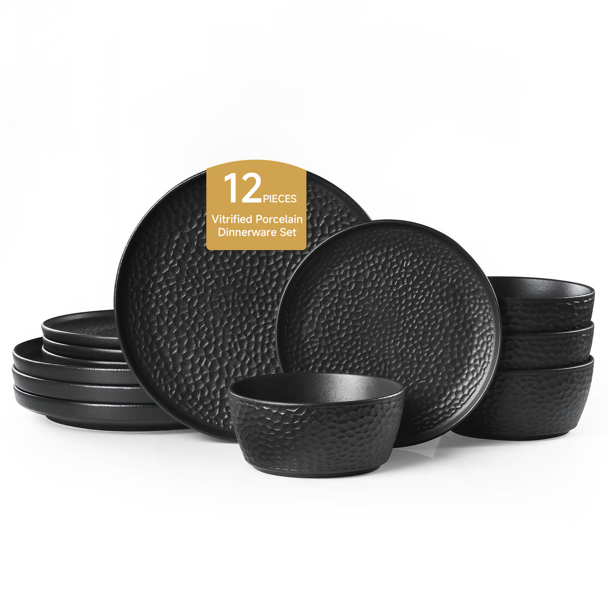 KINGSTONE Ceramic Dinnerware Set, Porcelain Plates and Bowls Set , Matte Black or White, Hammered Texture, Microwave, Dishwasher & Oven Safe, Perfect for Home, Weddings & Gifts