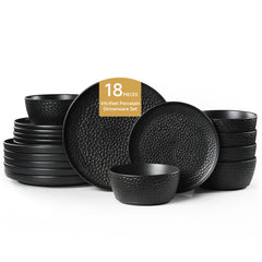 KINGSTONE Ceramic Dinnerware Set, Porcelain Plates and Bowls Set , Matte Black or White, Hammered Texture, Microwave, Dishwasher & Oven Safe, Perfect for Home, Weddings & Gifts