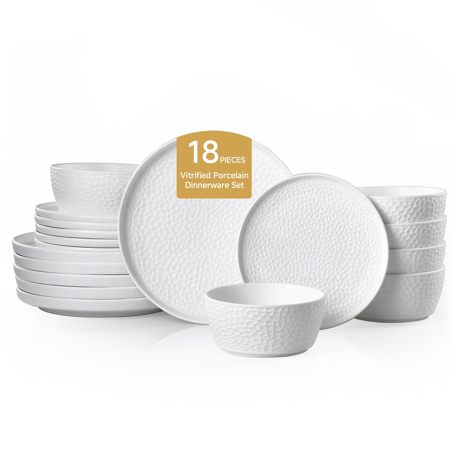 KINGSTONE Ceramic Dinnerware Set, Porcelain Plates and Bowls Set , Matte Black or White, Hammered Texture, Microwave, Dishwasher & Oven Safe, Perfect for Home, Weddings & Gifts