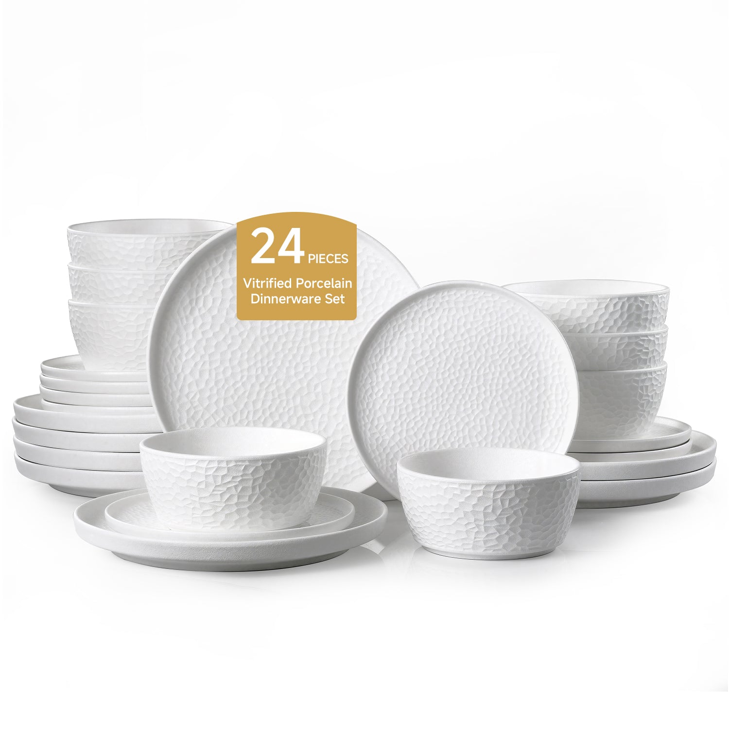 KINGSTONE Ceramic Dinnerware Set, Porcelain Plates and Bowls Set , Matte Black or White, Hammered Texture, Microwave, Dishwasher & Oven Safe, Perfect for Home, Weddings & Gifts