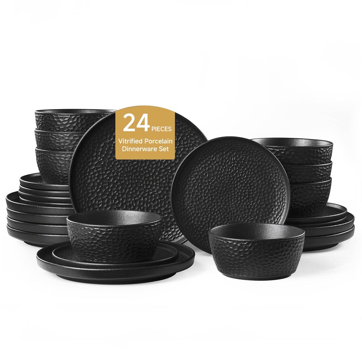 KINGSTONE Ceramic Dinnerware Set, Porcelain Plates and Bowls Set , Matte Black or White, Hammered Texture, Microwave, Dishwasher & Oven Safe, Perfect for Home, Weddings & Gifts