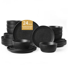 KINGSTONE Ceramic Dinnerware Set, Porcelain Plates and Bowls Set , Matte Black or White, Hammered Texture, Microwave, Dishwasher & Oven Safe, Perfect for Home, Weddings & Gifts